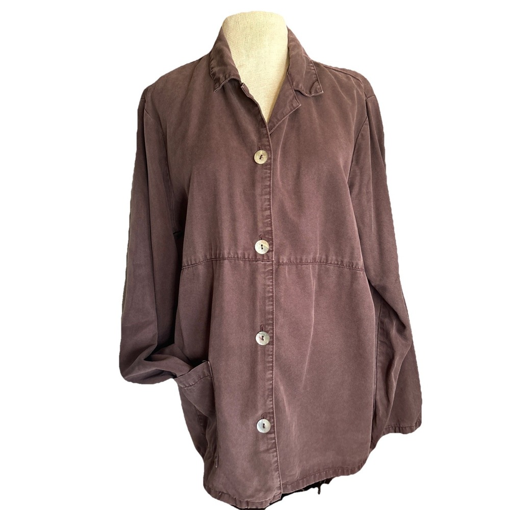 TSD Two Star Dog Jacket Size L- XL Casual Tencel Brown Mother Of Pearl Buttons